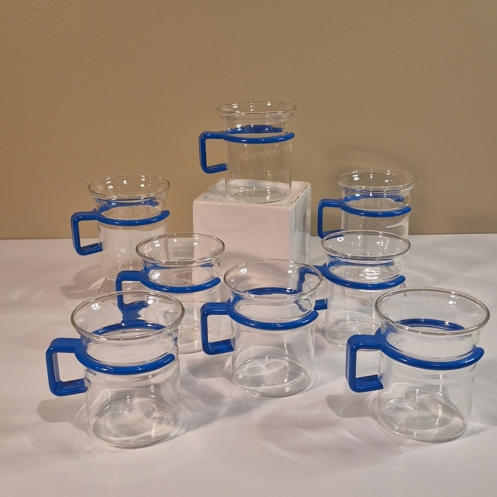 VINTAGE Set of 8 Clear Glass Bistro Cups with Removable Blue Plastic Handles